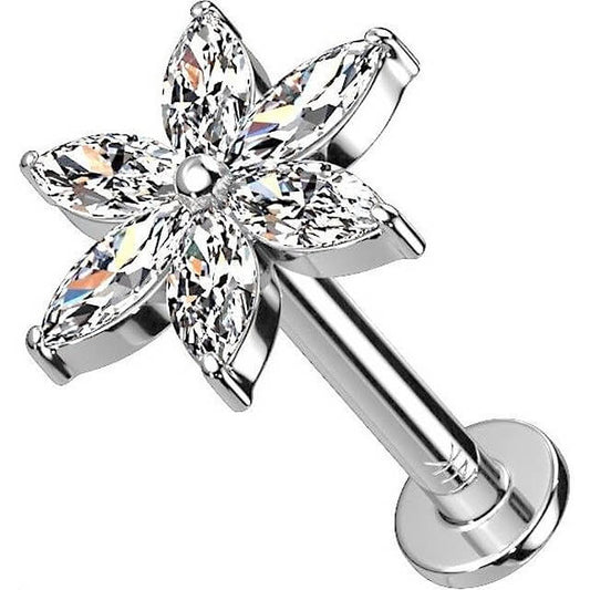 Solid Gold 14 Carat Labret Flower Zirconia Push-In