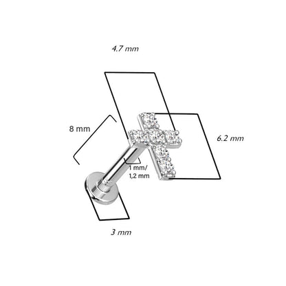 Złoto 585 labret krzyż cyrkonia push-in