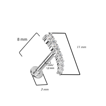 Solid Gold 14 Carat Labret Curved Bar Zirconia Push-In