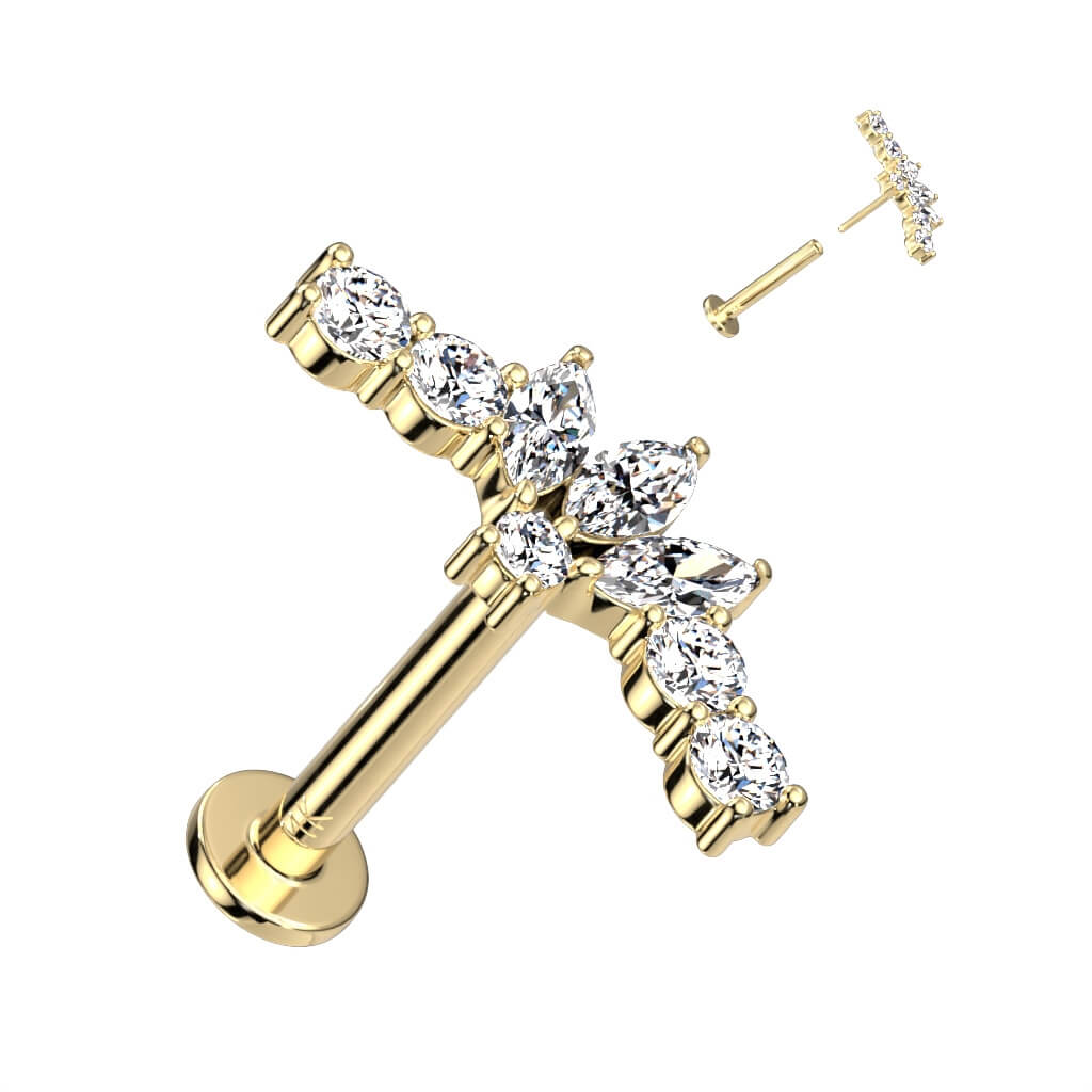 Solid Gold 14 Carat Labret Marquise Zirconia Push-In