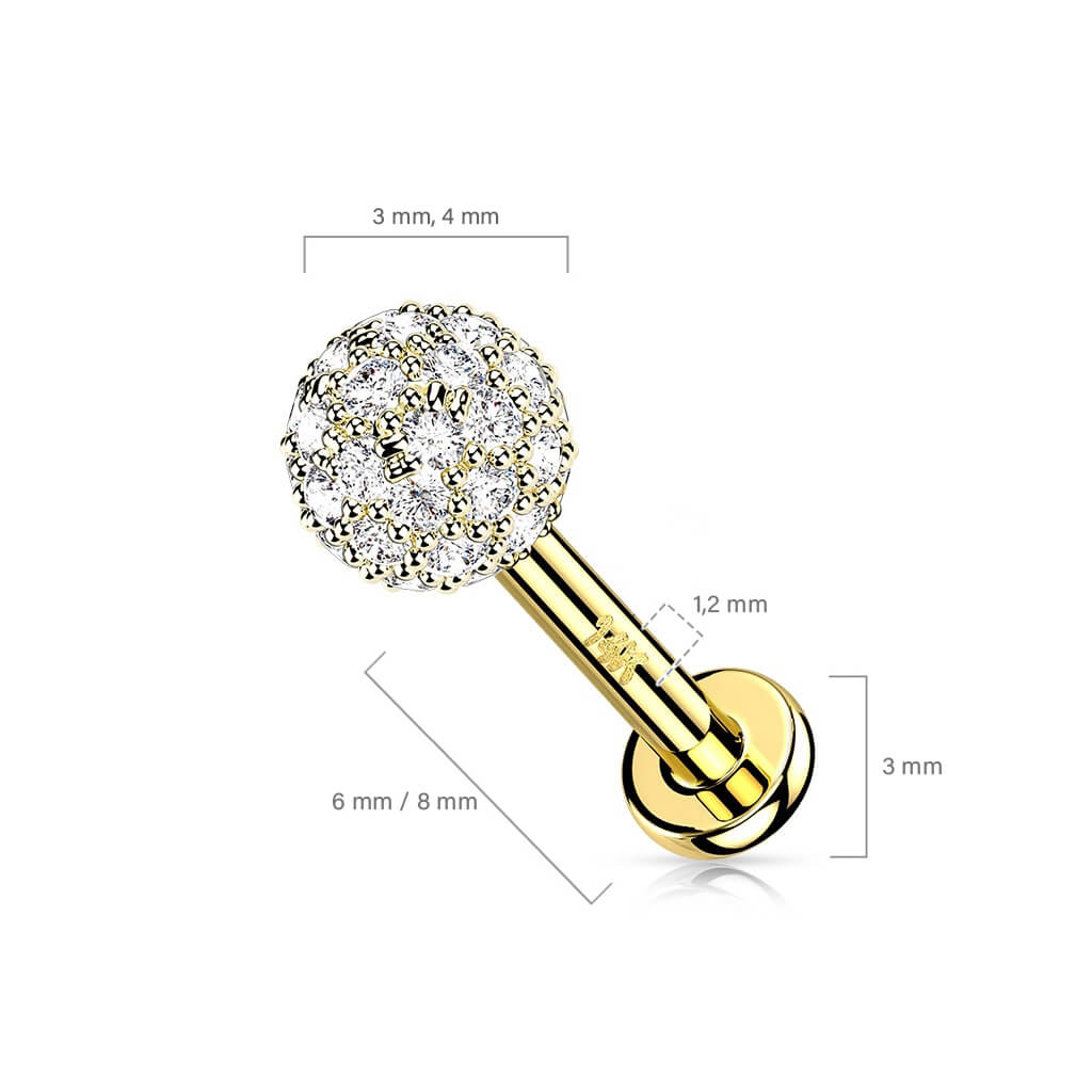 Złoto 585 labret kulka z cyrkoniami