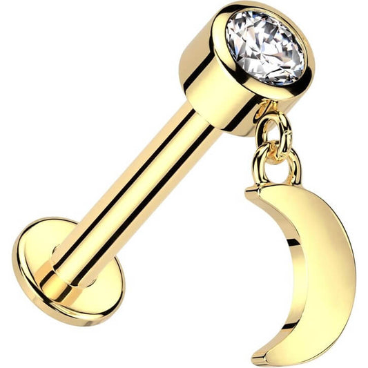 Or 14kt Labret Pendentif Lune Zircone Filetage Interne