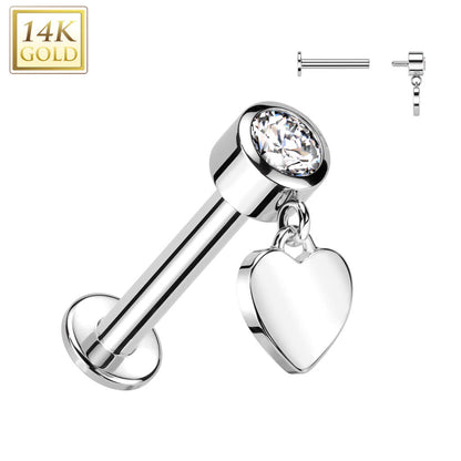 Oro 14kt Circonita con Corazón Colgante Rosca interna Labret