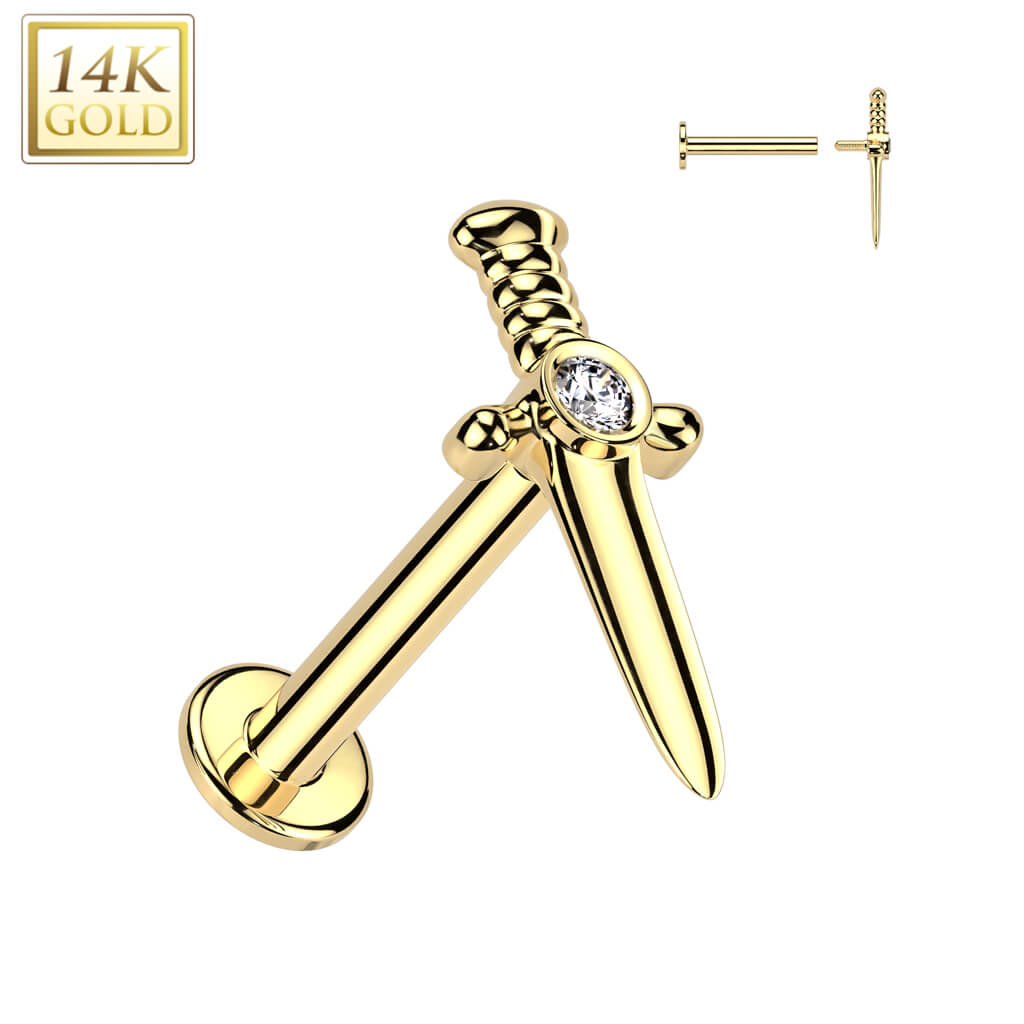 Oro 14kt Daga con Circonita Rosca interna Labret