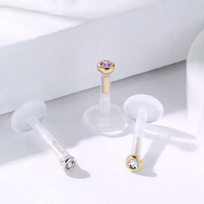 Solid Gold 14 Carat Labret Round Zirconia Push-In