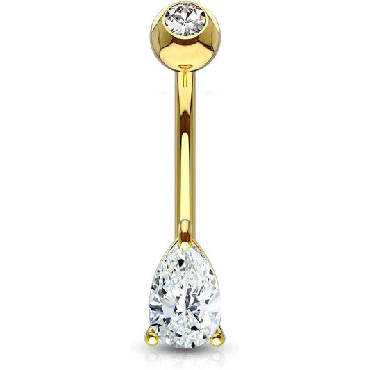 Solid Gold 14 Carat Belly Button Piercing TearDrop Zirconia