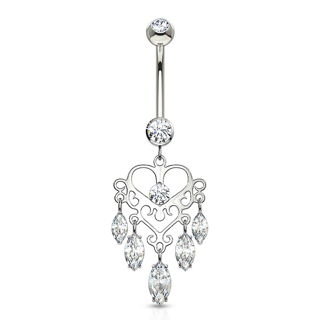 Or 14kt Piercing Nombril Pendentif Couronne Chandelier Zircone