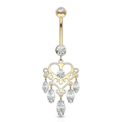 Or 14kt Piercing Nombril Pendentif Couronne Chandelier Zircone