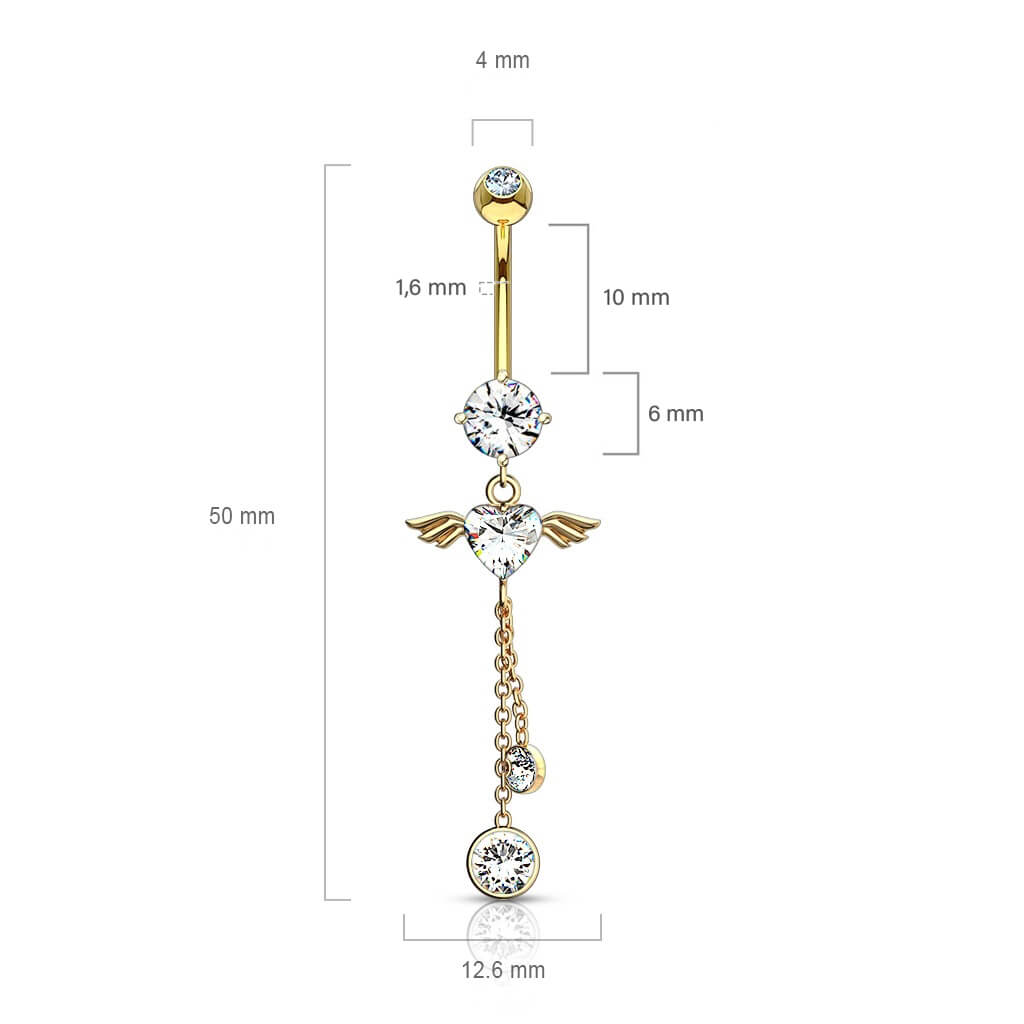 Oro 14 kt Piercing Ombelico Pendente ad ali d´angelo e zircone