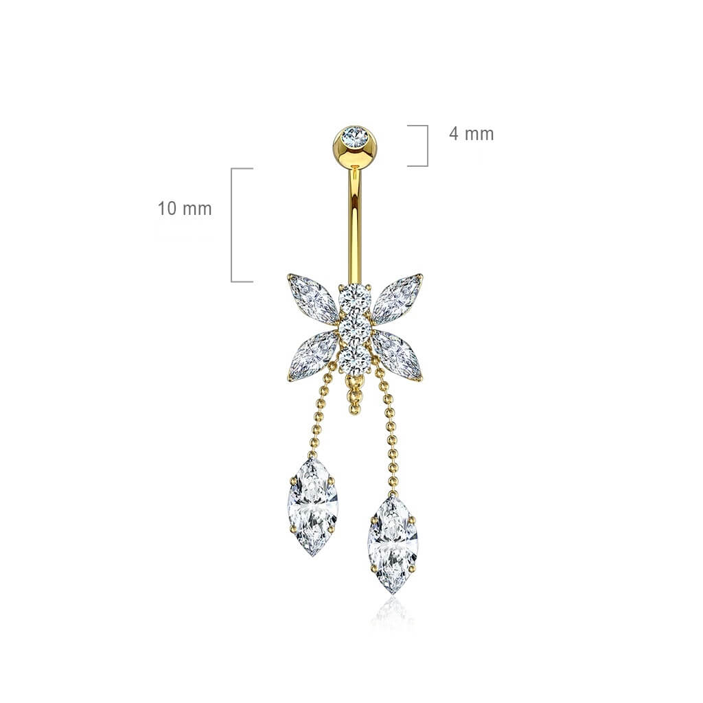 Oro 14kt Piercing ombligo Libélula con Gota Colgante Circonita