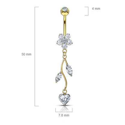 Oro 14kt Piercing ombligo Flor colgante Circonita