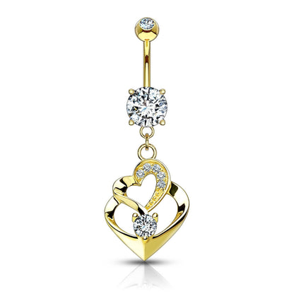 Oro 14kt Piercing ombligo Doble Corazon colgante Circonita