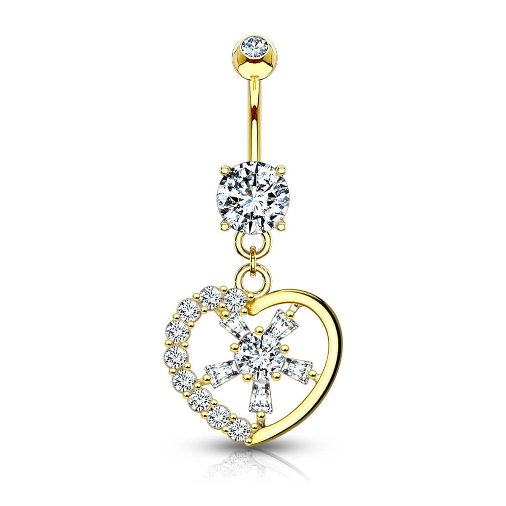 Oro 14kt Piercing ombligo Corazón colgante Circonita