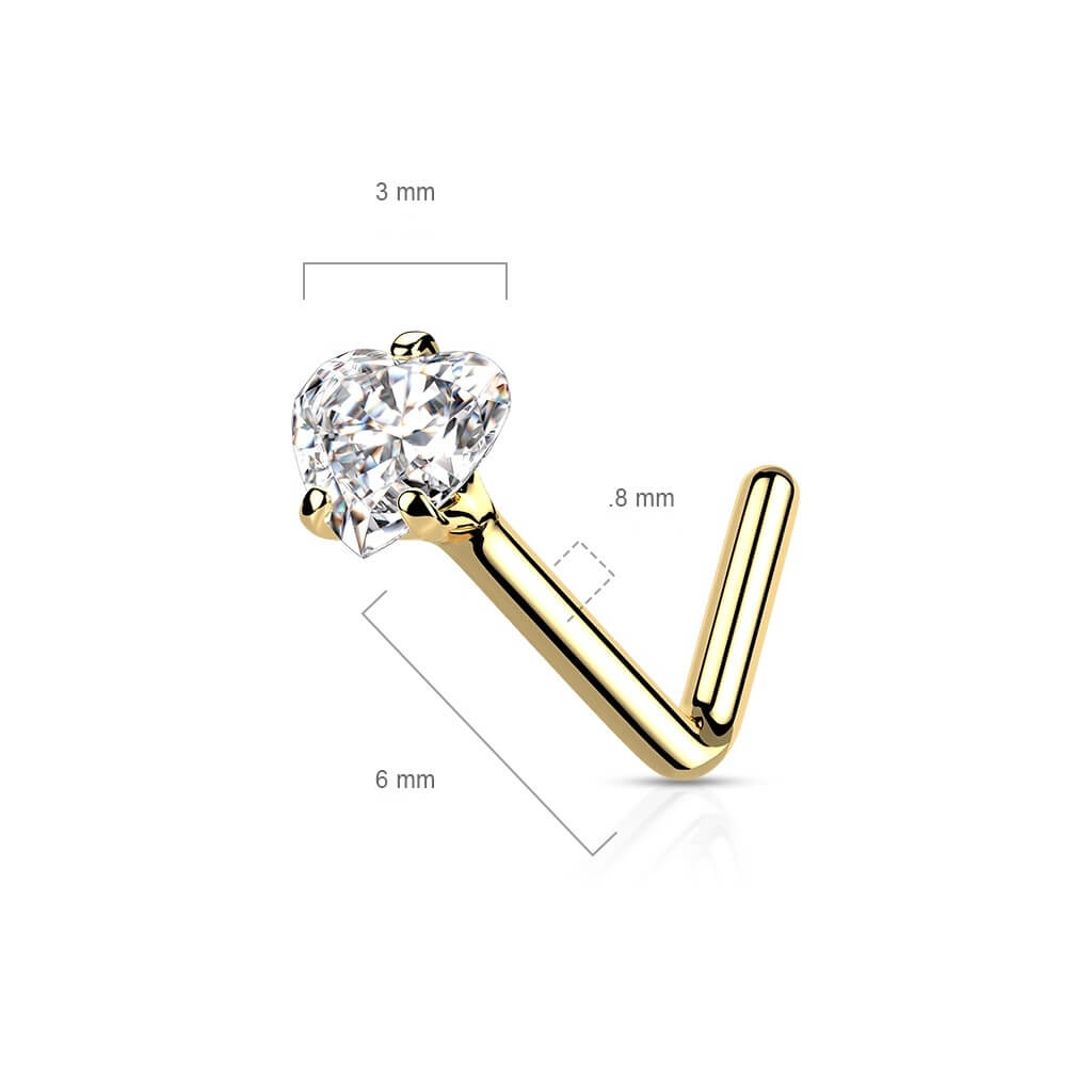 Solid Gold 14 Carat Nose L-Shape Zirconia Round