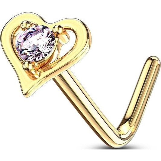 Solid Gold 14 Carat Nose L-Shape Heart Zirconia