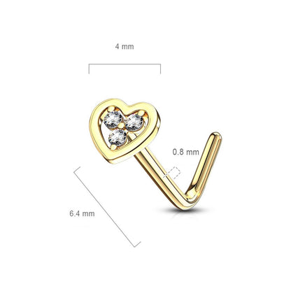 Solid Gold 14 Carat Nose L-Shape Heart Zirconia