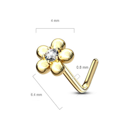 Solid Gold 14 Carat Nose L-Shape Flower Zirconia