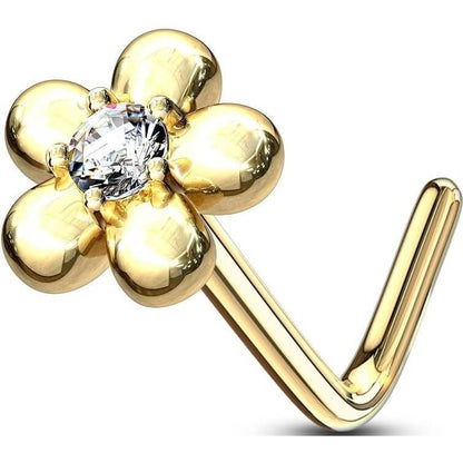 Solid Gold 14 Carat Nose L-Shape Flower Zirconia