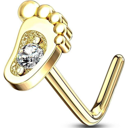 Solid Gold 14 Carat Nose L-Shape Foot Zirconia