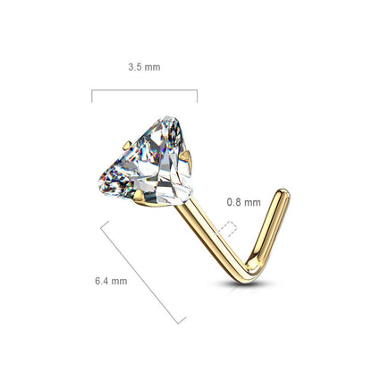 Solid Gold 14 Carat Nose L-Shape Triangle Zirconia