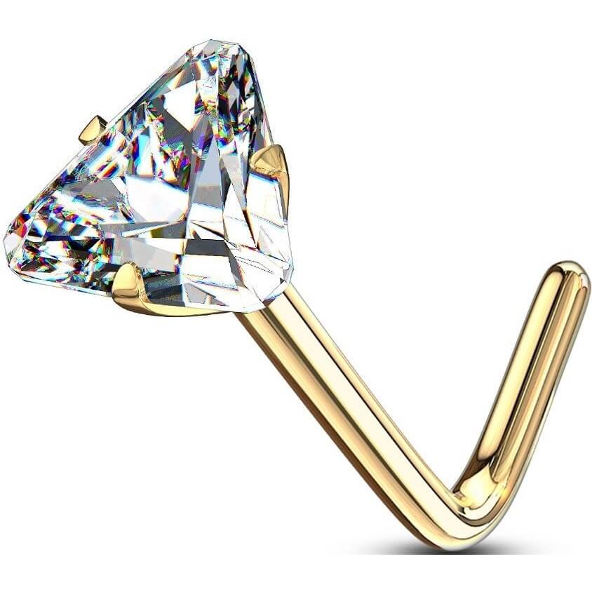 Solid Gold 14 Carat Nose L-Shape Triangle Zirconia