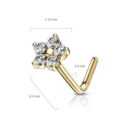 Solid Gold 14 Carat Nose L-Shape Flower Zirconia