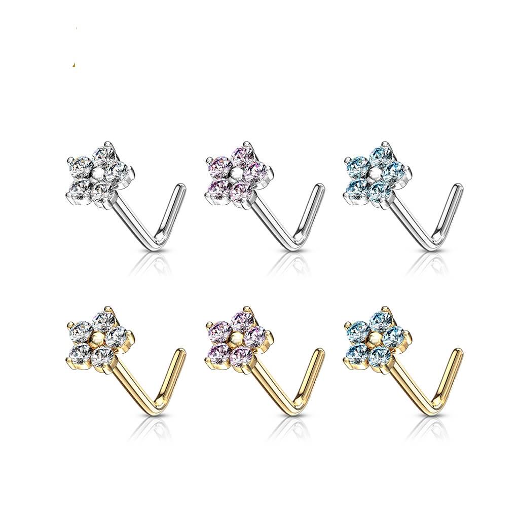 Solid Gold 14 Carat Nose L-Shape Flower Zirconia