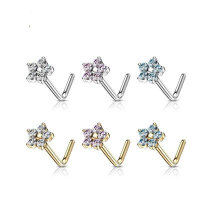 Solid Gold 14 Carat Nose L-Shape Flower Zirconia