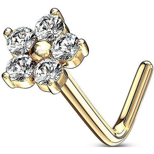 Solid Gold 14 Carat Nose L-Shape Flower Zirconia