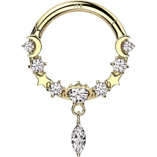 Or 14kt Anneau Pendentif Larme Zircone Cliqueur