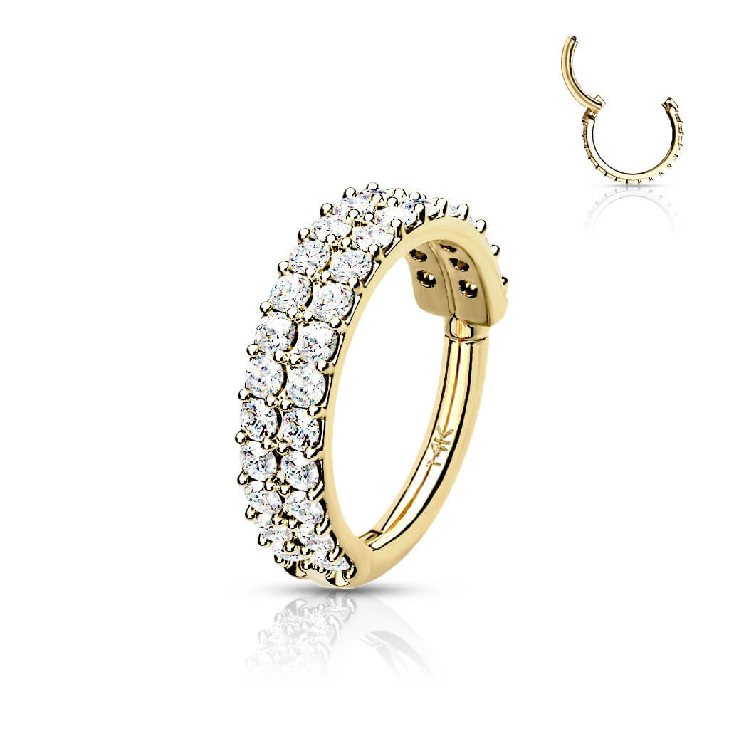 Oro 14 kt Anello Piercing Zirconi in 2 file Clicker