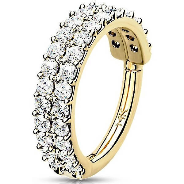 Oro 14 kt Anello Piercing Zirconi in 2 file Clicker