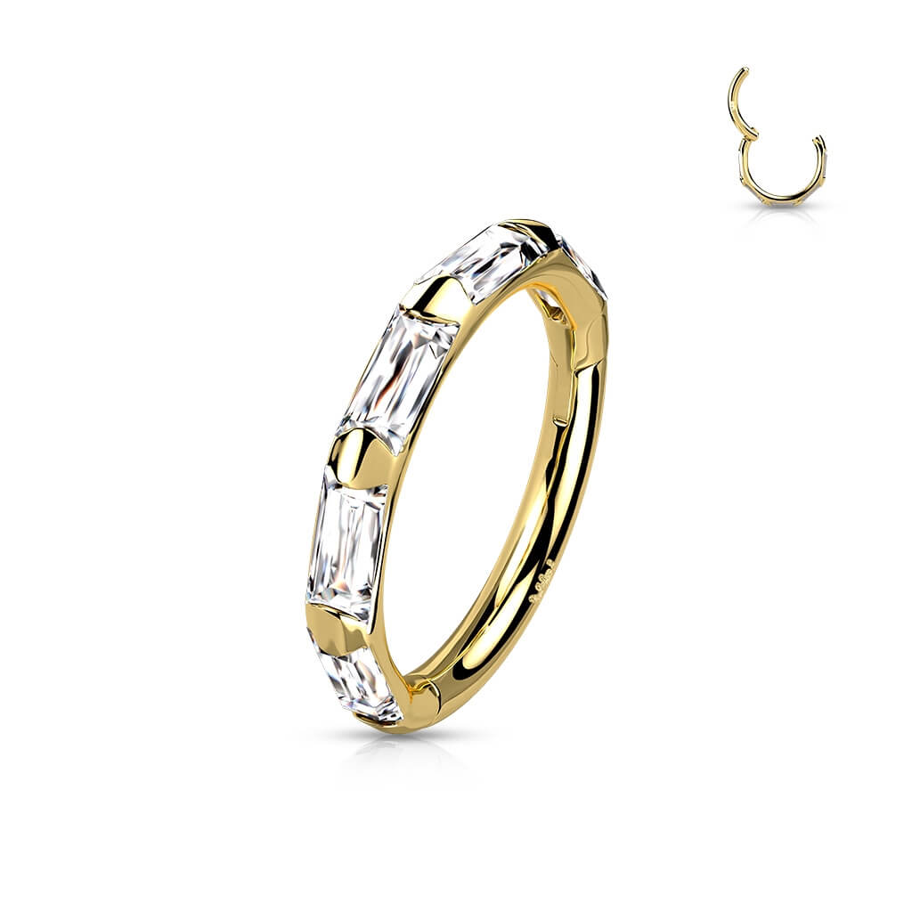 Oro 14kt Anillo Circonita rectángulo Clicker