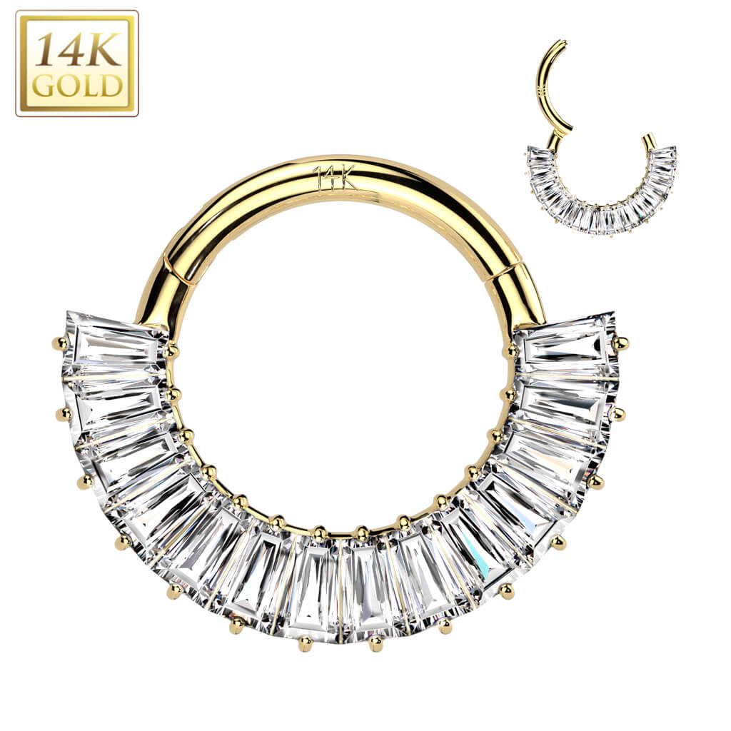 Oro 14 kt Anello Piercing Zirconi taglio Baguette Clicker