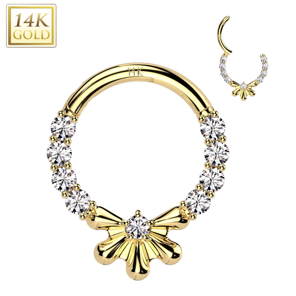 Oro 14 kt Anello Piercing Fiore con zirconi incastonati Clicker