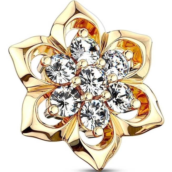 Solid Gold 14 Carat dermal anchor top flower zirconia Internally Threaded