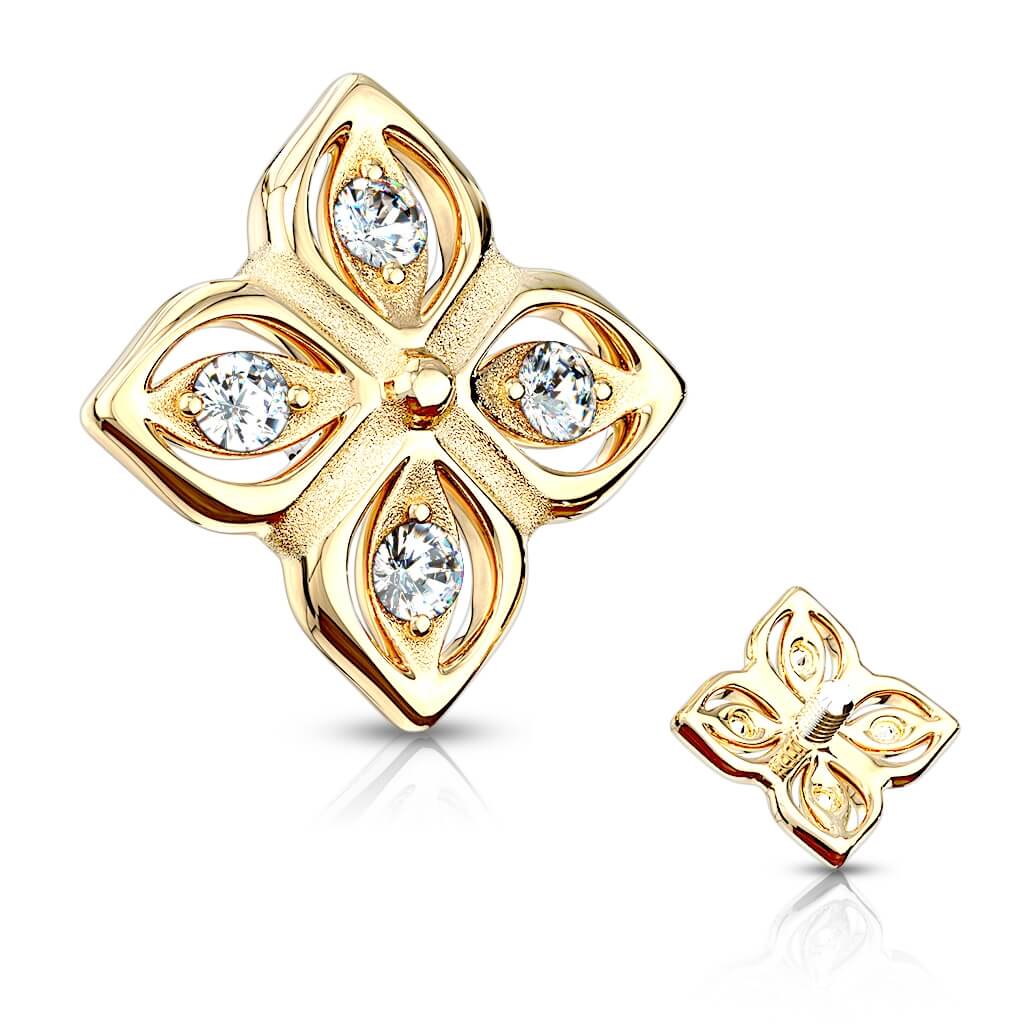 Solid Gold 14 Carat dermal anchor top flower zirconia Internally Threaded