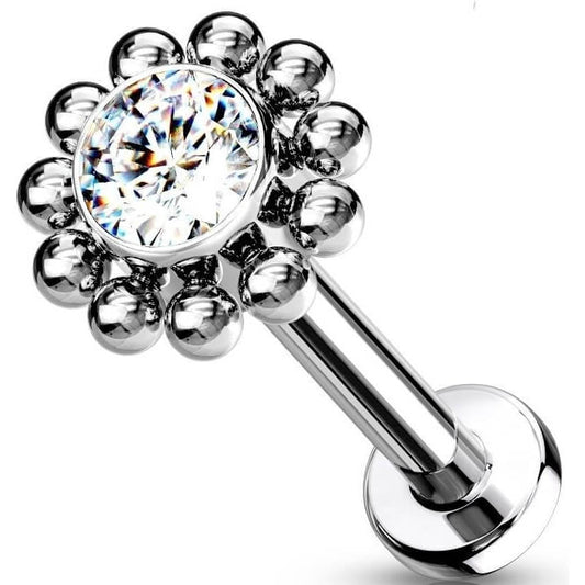 Titanium Labret Flower Zirconia Silver Push-In