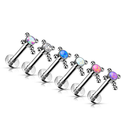 Titanium Labret Cross Zirconia Opal Silver Push-In