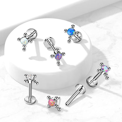 Titanium Labret Cross Zirconia Opal Silver Push-In