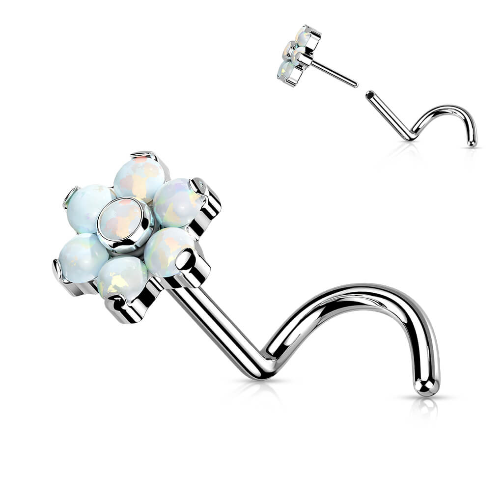 Titanium Nose Screw Flower Zirconia Opal Silver Push-In