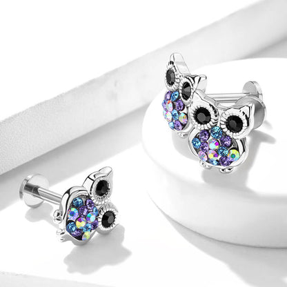 Labret Owl Zirconia Silver Internally Threaded