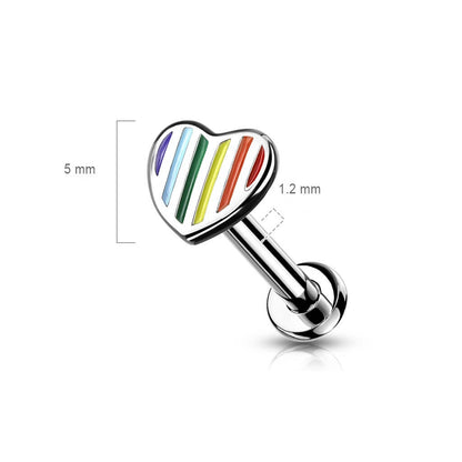 Labret Rainbow Heart Flat Silver Internally Threaded