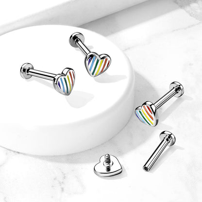 Corazón Arcoiris Plano Plata Rosca interna Labret