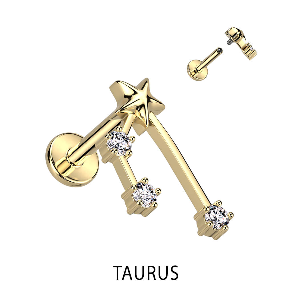 Labret Zodiac sign Zirconia Gold Internally Threaded