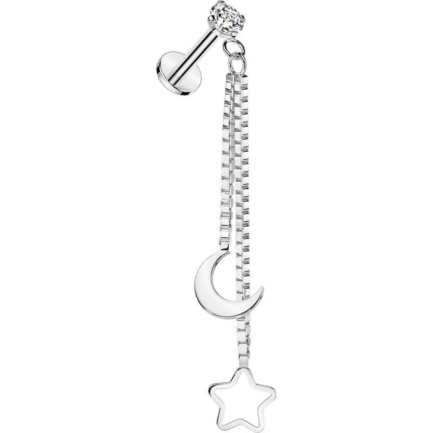 Labret crescent moon hollow star chain dangle Internally Threaded