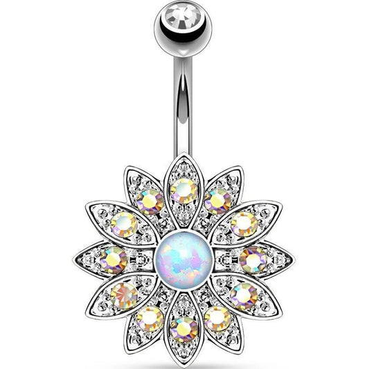 Belly Button Piercing Flower Zirconia Opal