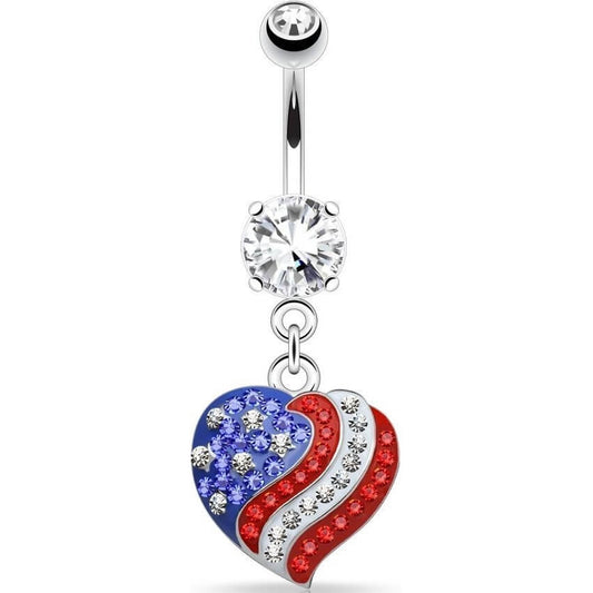 Belly Button Piercing Heart Amarican Flag dangle Zirconia Silver