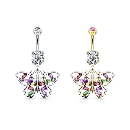 Piercing Nombril Pendentif Papillon Zircones Colorées