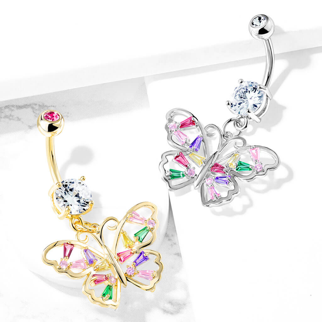 Belly Button Piercing Butterfly coloured dangle Zirconia